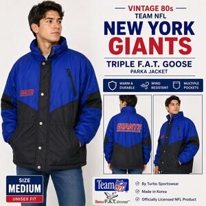 Vintage New York Giants Jacket Triple F.A.T. Goose NFL Parka Blue Black Mens Med